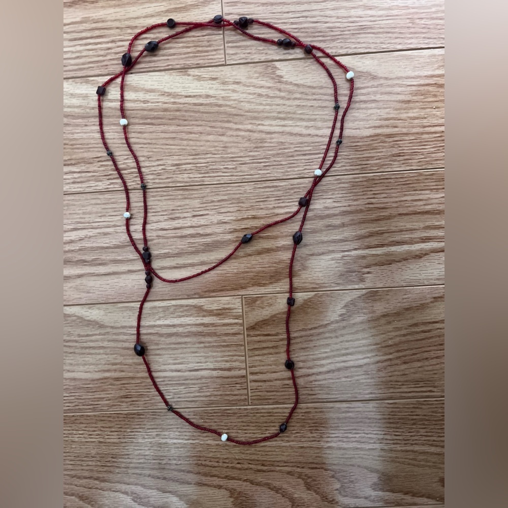 Long Necklace Red and Black Pearls